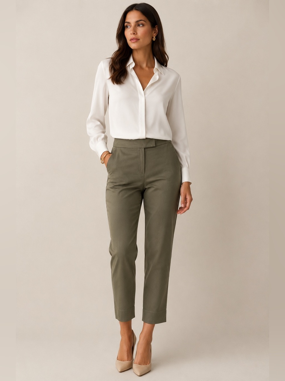 Sarah Pacini Ankle Pants Large Olive Minimalist Quiet Luxury Career Chic Classic